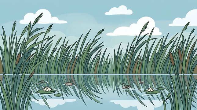Peaceful pond landscape illustration with tall reeds, cattails, swimming ducks, and blooming water lilies on blue water