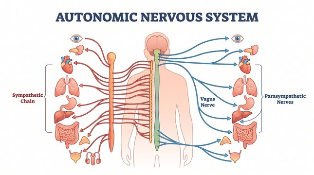 Comprehensive Anatomical Infographic Detailing the Sympathetic and Parasympathetic Divisions of the Human Autonomic Nervous System