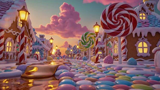 Whimsical Snowy Candyland Street Lined with Candy Canes, Lollipops, and Lovingly Lit Gingerbread Houses