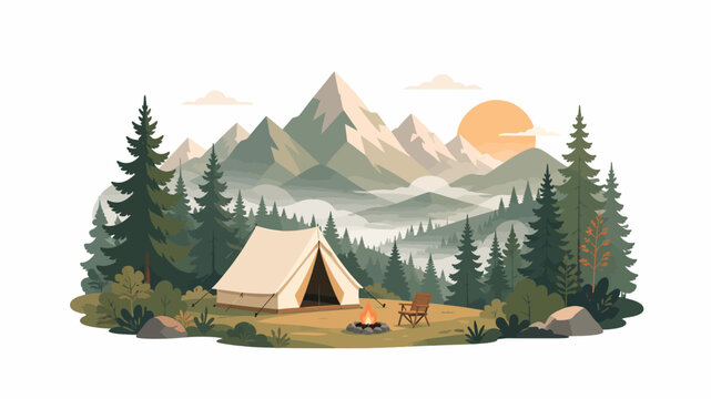 Wilderness camping landscape with tent campfire camping chair and mountains