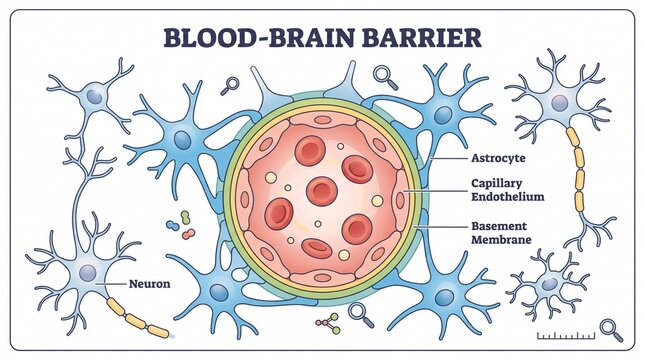 Medical illustration of the blood-brain barrier showing the interaction between capillary endothelium, astrocytes, and neurons