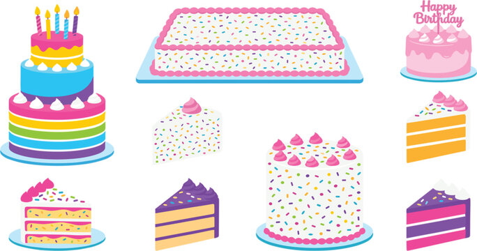Birthday Cake Collection Vector Set with Celebration Cakes Layer Cakes Sheet Cake Slices Frosting Candles and Party Dessert Illustrations
