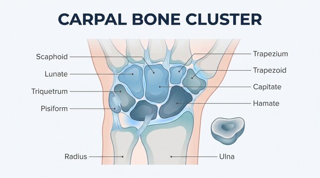 Anatomical Diagram Illustrating Human Wrist Bone Structure Featuring Detailed Labeled Carpal Bones for Educational Medical Reference