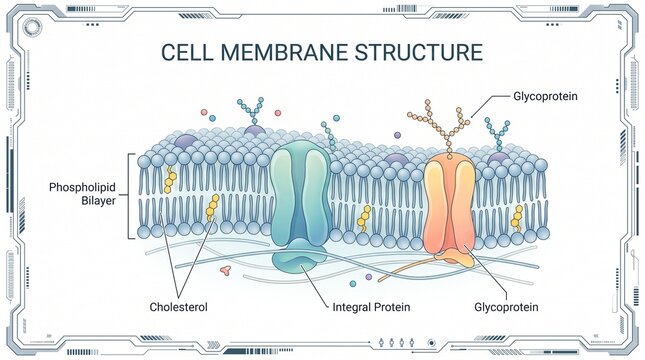 Microscopic View of a Biological Cell Membrane Structure Featuring Phospholipid Bilayer and Integral Membrane Proteins