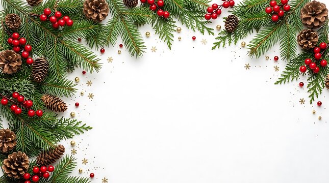 Christmas frame made of fir branches and pine cones isolated on white background