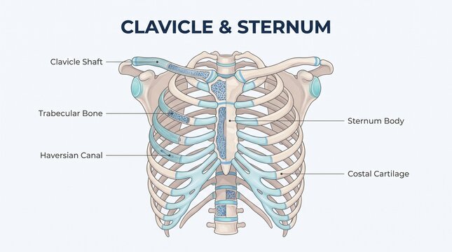 Detailed medical illustration of the human skeletal system focusing on the clavicle and sternum anatomy