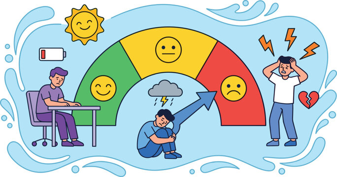 Mental health concept with sad and stressed men around a mood meter showing burnout and depression