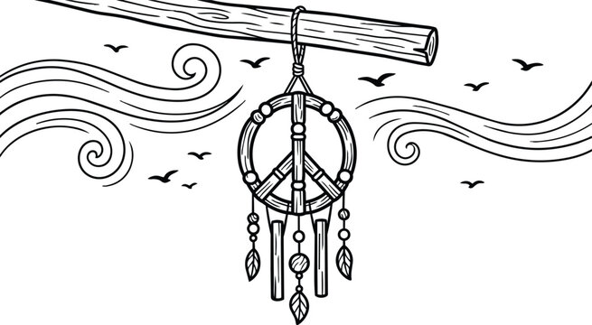 Line art dreamcatcher hanging from log with wind swirls and birds