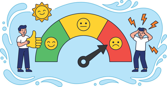 Mental health and emotion concept with happy and stressed men around a mood rating meter