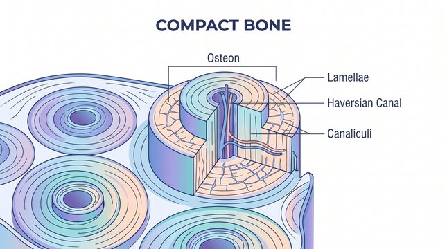 Educational Anatomy Illustration Detailing the Microscopic Structure of Compact Bone Tissue Including Osteons and Haversian Systems