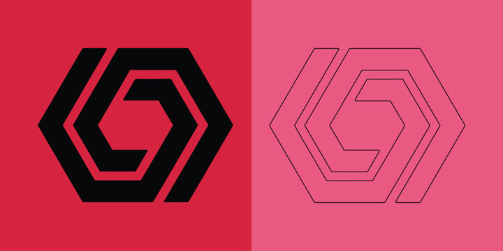 Hexagonal impossible shape symbol in solid black and outline style on red and pink backgrounds for branding