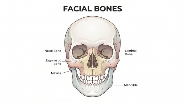 Detailed medical illustration of human skull anatomy showing facial bone structure with labeled parts