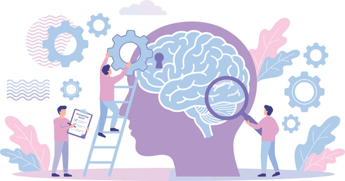 Team of specialists conducting cognitive audit on a human brain silhouette for psychology and mental health concept