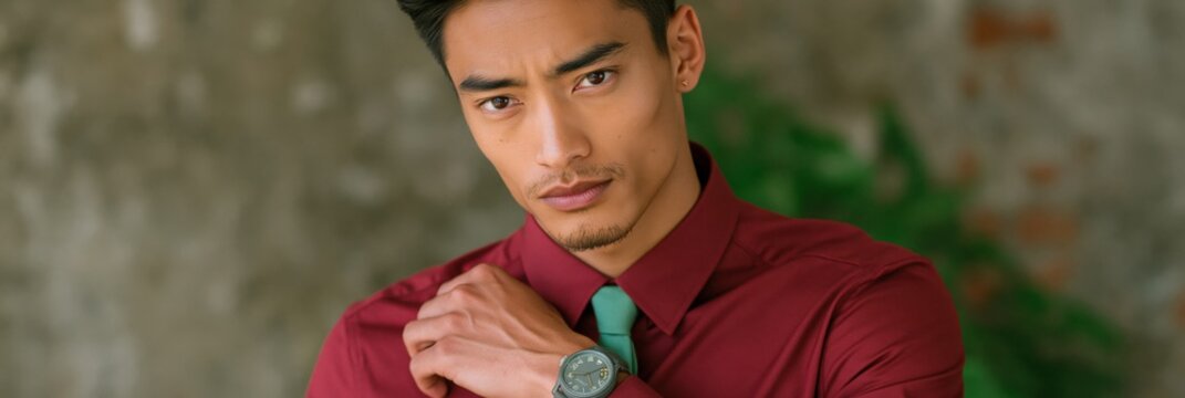 Intense male portrait fixing a teal tie in a burgundy shirt with wristwatch for fashion banner and corporate background use