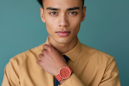 Full portrait of a professional young man showing a wristwatch for fashion and lifestyle banner and watch advertisement design