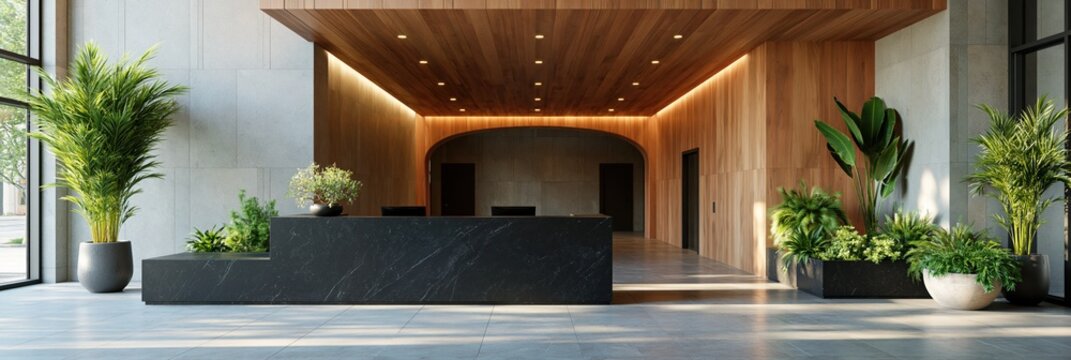 Contemporary hotel reception with long black marble counter and ceiling wood accents for hospitality interior background and lobby banner