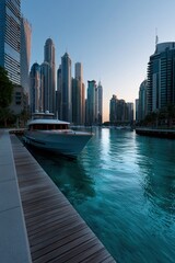 Fototapeta premium Luxury yacht alongside wooden boardwalk with turquoise marina water and highrise skyline at dusk for background and travel banner design