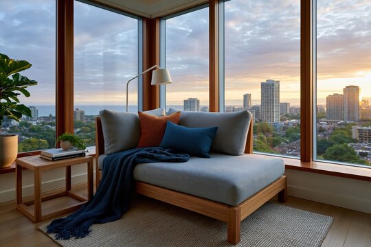 Cozy corner daybed with blue and orange cushions in bay window overlooking urban skyline at sunrise for interior background and relaxation design