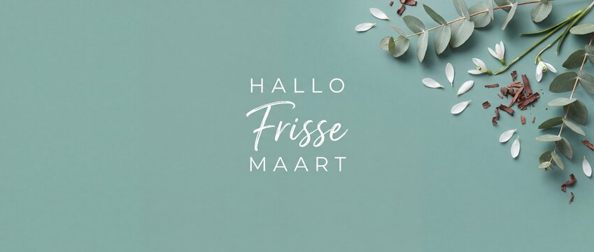 Spring flat lay eucalyptus banner with white snowdrop flowers, wood bark, and Dutch text Hallo Frisse Maart on sage green background; minimal botanical floral mockup for March season greeting card.