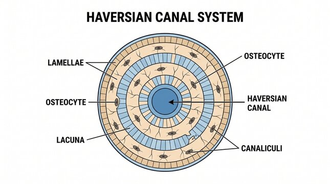 Cross-section diagram of bone tissue showing cellular layers and canals for medical and biological study