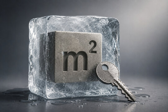 Frozen Real Estate Market Concept with Square Meter Block Encased in Ice Cube and Key