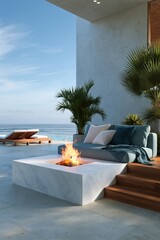 Obraz premium Luxury modern patio with marble square fire pit and oceanfront seating for coastal resort background and banner design