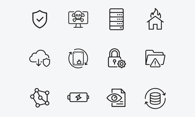 Fototapeta premium Disaster recovery icon set. Contain icons related to Data Safety, Computer Virus, Data center, House On Fire