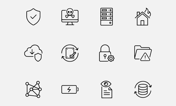 Disaster recovery icon set. Contain icons related to Data Safety, Computer Virus, Data center, House On Fire