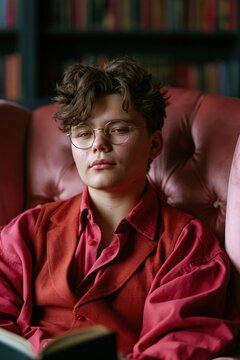Teen reader portrait in a tufted chair with curly hair and round glasses holding a book for cozy background and study poster design
