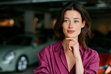 Fototapeta premium Wide portrait of young woman in magenta shirt with thoughtful expression for lifestyle banner and beauty portrait backdrop