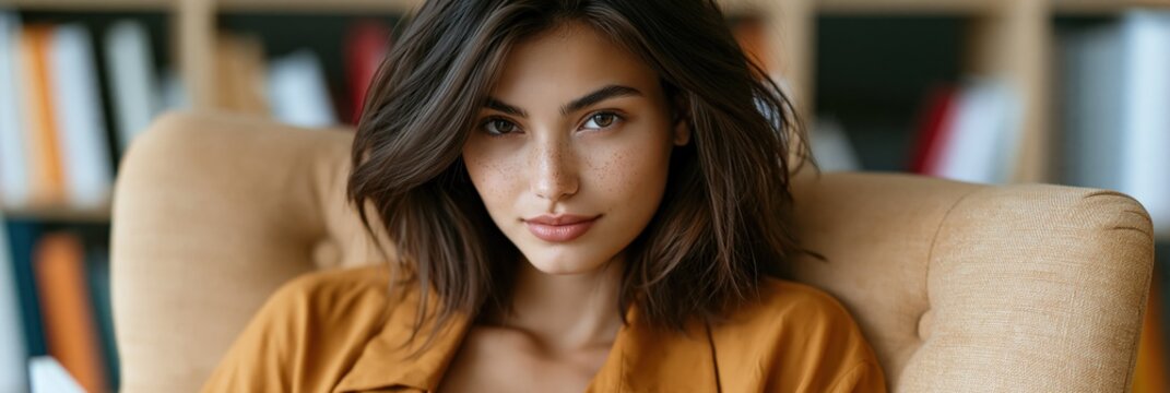 Casual young woman in mustard shirt portrait sitting in an armchair with books for lifestyle banner and editorial background