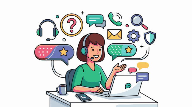 Smiling agent with headset at laptop surrounded by communication icons
