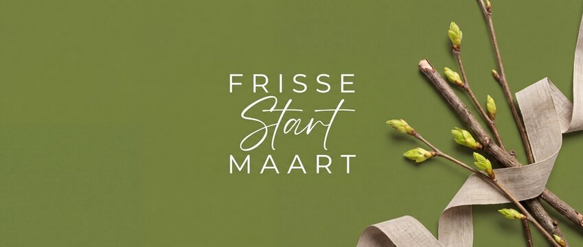 Spring twigs with green buds on olive background with linen ribbon and Dutch text Frisse Start Maart symbolizing new beginnings, fresh start, March, nature growth, and minimalist floral design header.