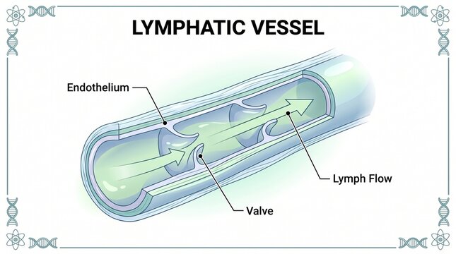 Anatomical illustration of a human lymphatic vessel highlighting the internal valve structure and the directional flow of interstitial fluid
