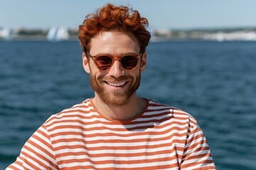 Fototapeta premium Smiling young man with sunglasses on a boat at sea in striped shirt summer portrait for lifestyle banner and social media background
