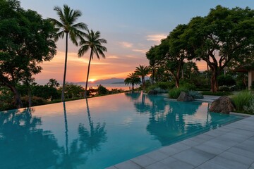 Fototapeta premium Sunset infinity pool with palm silhouettes and calm reflective water for tropical resort wallpaper and relaxation poster design