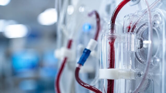 Close-up of blood circulating through tubes in a hemodialysis or life support machine