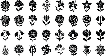 Obraz premium Elegant Vector Collection of Black Floral Silhouette Icons Featuring Roses, Daisies, Tulips, Lilies, and Decorative Botanical Patterns