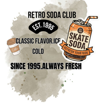 Retro Soda Club Vintage Emblem with Skate Soda Can and Coffee Illustration