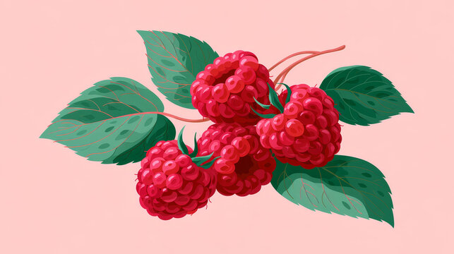 Hand Drawn Ripe Raspberries with Green Leaves | Flat Vector Illustration