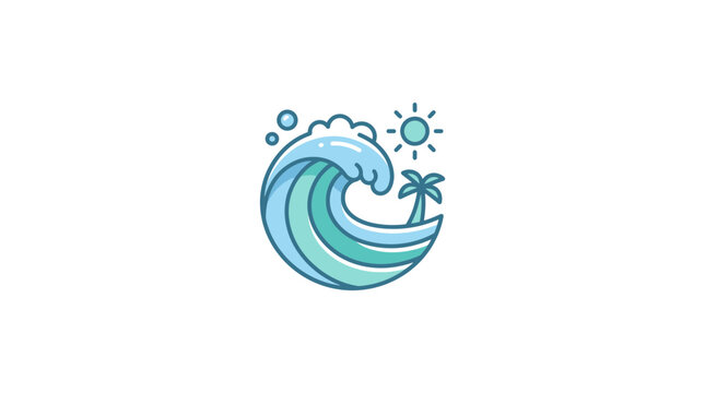 Stylized Ocean Wave with Palm Tree and Sun Icon