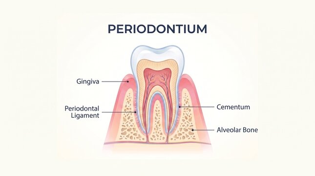 Anatomical cross section illustration of human tooth and gum structure showing supportive tissues
