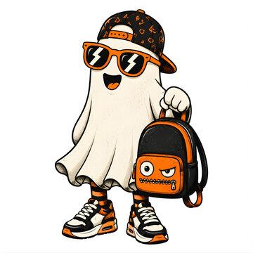 Trendy ghost character wearing a school backpack isolated on transparent background for students