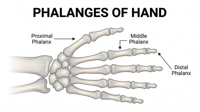 Anatomical diagram of hand skeleton bones including distal middle and proximal phalanges for medical education