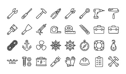 Boat repair tools outline icon set editable stroke transparent vector © MdRabbi