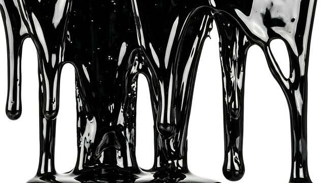 Thick black liquid sludge dripping down on a clean white background