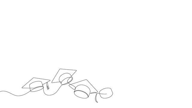 graduation caps throwing celebrating continuous one line drawing 4k motion graphic