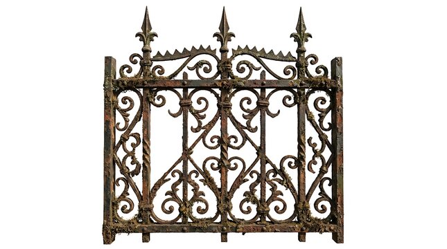 Ornate antique iron fence panel with moss isolated on white background
