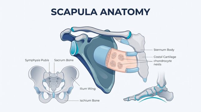 Detailed medical illustration of human skeleton anatomy featuring scapula shoulder joint pelvis hip bone and foot structure