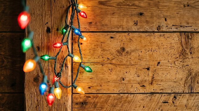 Christmas lights hanging on rustic wooden wall background